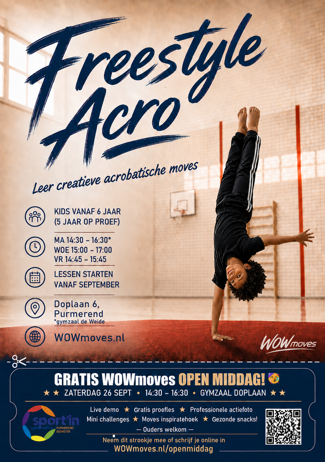 Flyer van de gratis WOWmoves Open Middag met een jongen