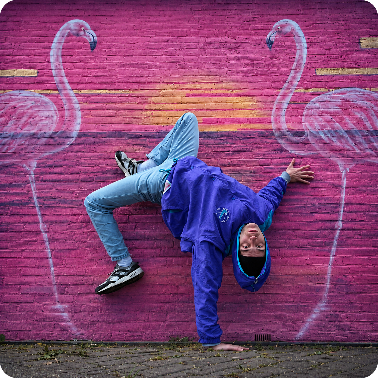 Ronald doet een freeze voor een roze flamingomuur